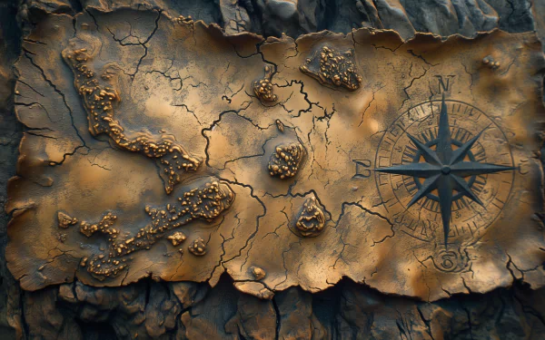 HD desktop wallpaper of a detailed treasure map with a compass rose on aged parchment, set against a rocky background.