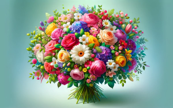 HD desktop wallpaper featuring a vibrant wedding bouquet with a mix of colorful flowers on a soft blue background.