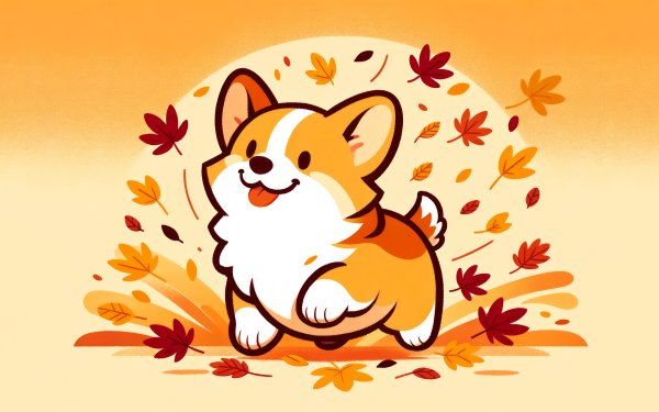HD desktop wallpaper featuring a cartoon illustration of an adorable corgi dog surrounded by falling autumn leaves with a warm orange background.