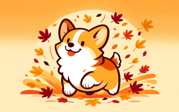 HD desktop wallpaper featuring a cartoon illustration of an adorable corgi dog surrounded by falling autumn leaves with a warm orange background.