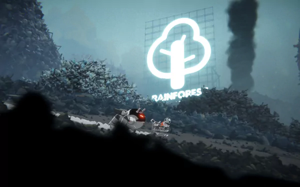 HD desktop wallpaper featuring a scene from the video game 'The Cub' with a neon logo and characters in a foggy landscape.