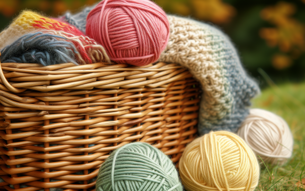 Colorful yarn balls in a wicker basket with a cozy knitted scarf, ideal for HD knitting-themed desktop wallpaper or background.