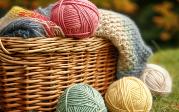 HD wallpaper of colorful yarn balls in and around a wicker basket against a blurred garden background.