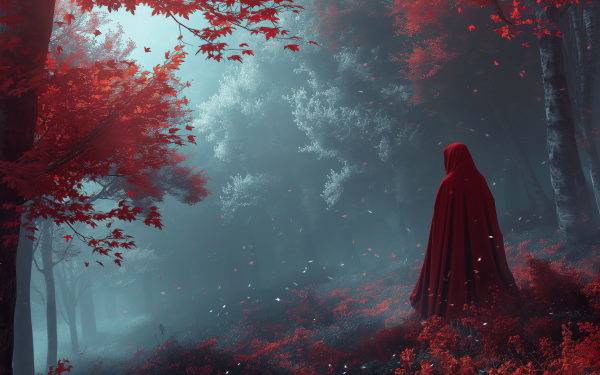 HD desktop wallpaper featuring a mystical depiction of Red Riding Hood in a vibrant red cloak amidst a foggy, red-tinged forest setting.
