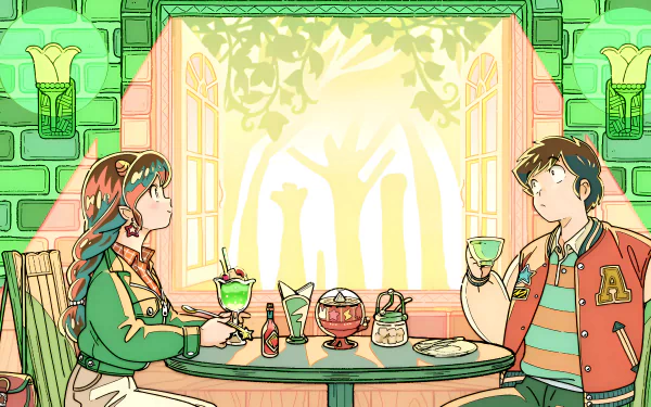Anime-style 8K Ultra HD wallpaper featuring Lum and Ataru Moroboshi from Urusei Yatsura (2022) sharing drinks at a vibrant, warmly lit café table.