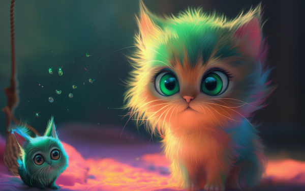 HD desktop wallpaper featuring an adorable fluffy kitten with big green eyes and a miniature blue owl companion, tagged as cute, against a whimsical vibrant background.