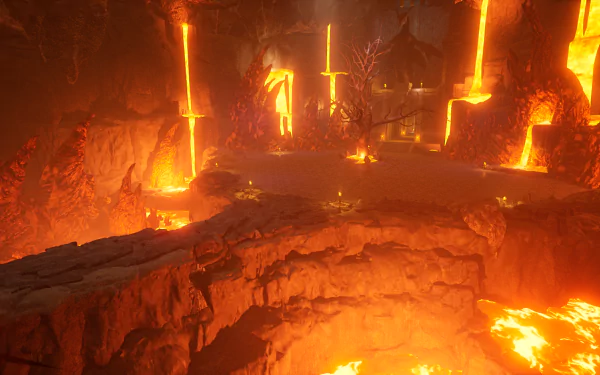 HD desktop wallpaper from the video game Palworld, depicting a volcanic lava environment.