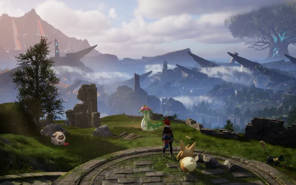 HD wallpaper featuring a Palworld video game scene with a character and creatures on a grassy hilltop overlooking a mystical landscape.