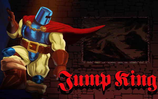 HD wallpaper of Jump King video game character with red cape against brick wall for desktop background.