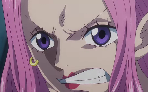 HD wallpaper of Jewelry Bonney from One Piece anime series for desktop background, featuring her distinctive pink hair and bold eyes.