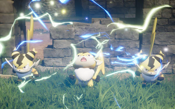 HD desktop wallpaper featuring electric-type creatures from the video game Palworld, set against a night-time backdrop with dynamic lighting effects.