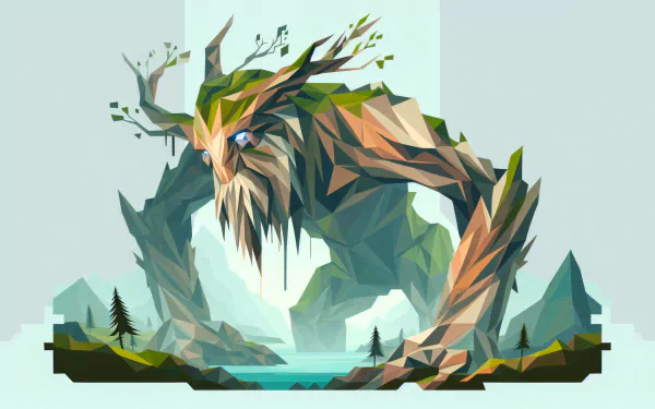 A vibrant HD desktop wallpaper featuring a striking treant, characterized by angular shapes and a blend of greens and browns, set against a serene water backdrop.