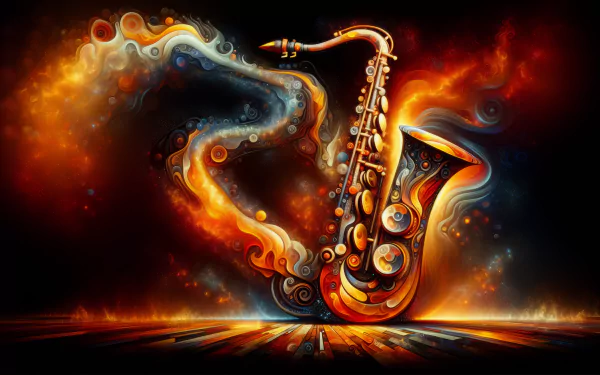 HD wallpaper of an artistic, colorful saxophone with abstract design for desktop background.