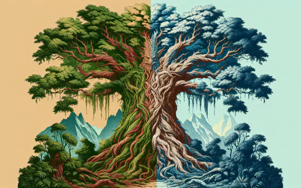 HD desktop wallpaper featuring an artistic representation of a mythical treant with lush green foliage on one side and icy blue branches on the other, set against a mountainous backdrop.