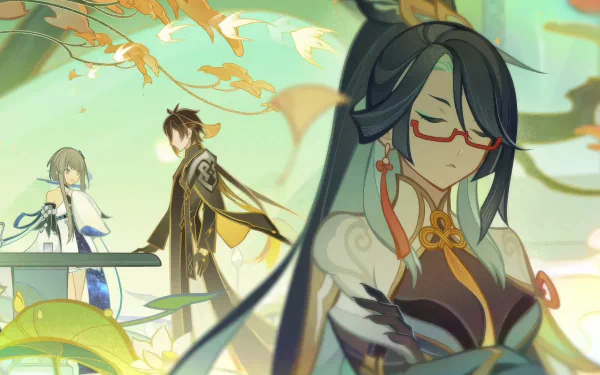 HD desktop wallpaper featuring Xianyun from Genshin Impact with autumn leaves and two characters in the background for a serene gaming atmosphere.
