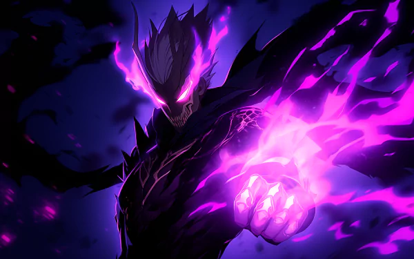 A striking HD wallpaper featuring a dark anime character emanating purple phonk energy, showcasing a menacing devilish persona with dynamic, swirling effects.