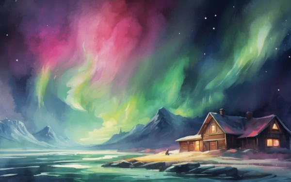 HD wallpaper featuring a serene cabin under a vibrant aurora borealis with mountains in the backdrop, tagged with light.