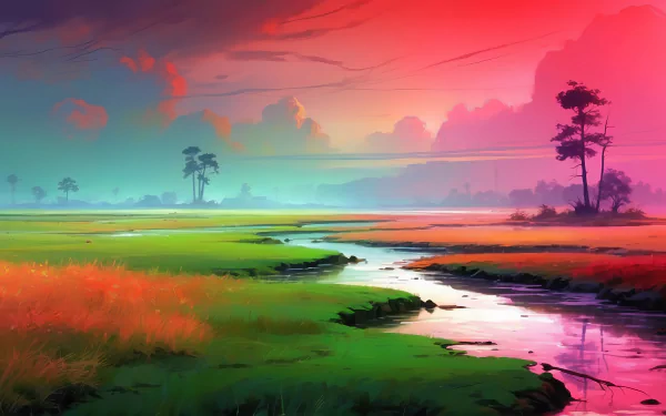 HD wallpaper of a vibrant marsh landscape at sunset with vivid colors and reflections in the water.