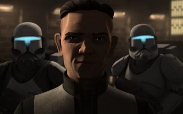 HD desktop wallpaper from Star Wars: The Bad Batch with a central character flanked by troopers in a moody setting.
