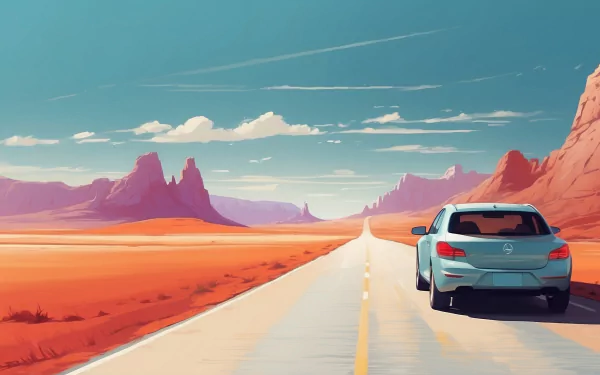 A serene road trip scene featuring a car on an endless highway, surrounded by striking red rock formations and a vibrant blue sky, serving as a stunning HD desktop wallpaper.