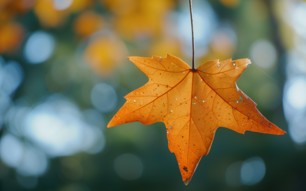 HD autumn wallpaper featuring a vivid orange leaf with water droplets, set against a soft-focus background of autumn foliage.