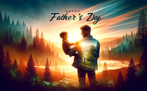 Happy Father's Day desktop wallpaper featuring a silhouette of a father holding a child in a scenic forest at sunset.