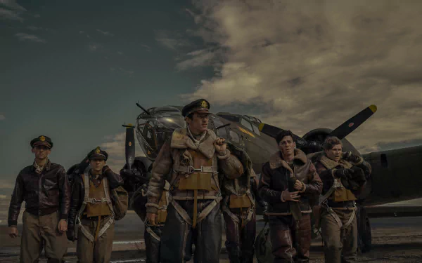 HD wallpaper featuring characters from the TV show Masters of the Air, standing confidently in front of a vintage military airplane with a dramatic sky in the background.