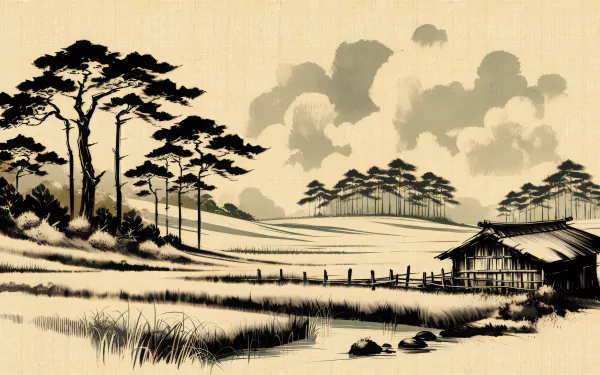 HD desktop wallpaper featuring a tranquil Asian-style pastoral scene with traditional ink painting aesthetic.
