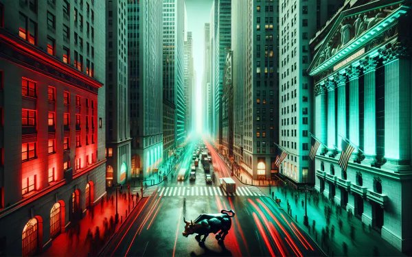 HD Wall Street themed desktop wallpaper featuring a bull statue with dynamic light trails on the street.