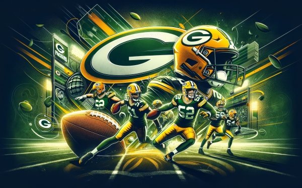 HD Green Bay Packers desktop wallpaper showcasing dynamic illustrations of football players in action with a vibrant, Super Bowl-themed background.