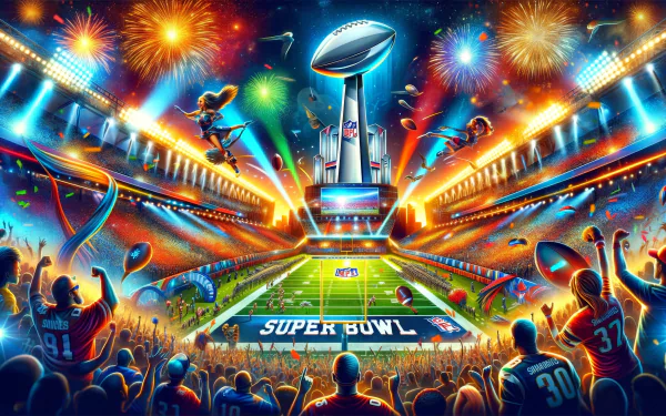 Vibrant HD wallpaper featuring an animated NFL Super Bowl scene with energetic crowd and fireworks_DisplayedImage