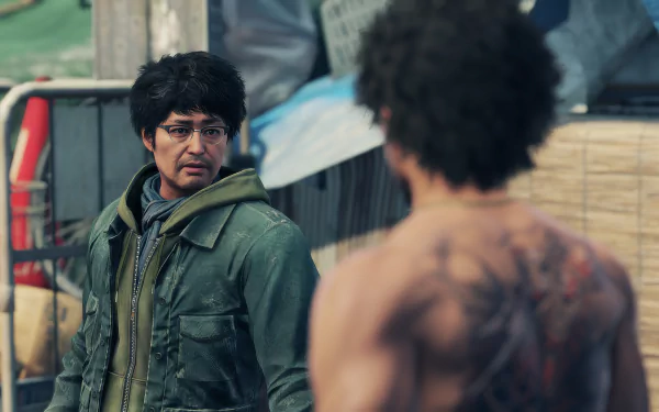 HD desktop wallpaper featuring a scene from Yakuza: Like a Dragon video game with detailed characters in a street setting.