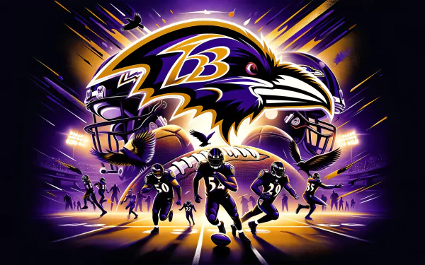 Baltimore Ravens NFL team HD desktop wallpaper featuring football artwork with dynamic player silhouettes and team logo for Super Bowl sports fans.