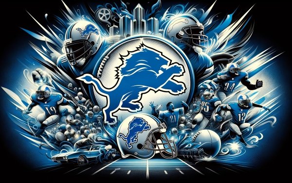 HD wallpaper featuring a dynamic illustration of Detroit Lions' football team with players in action, team logo, and a stylized portrayal of the city, suitable for NFL and Super Bowl enthusiasts.