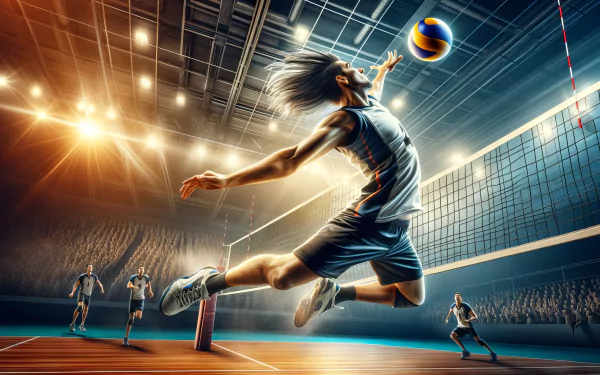 Dynamic volleyball player in mid-air spike during an intense indoor game, with sunbeams illuminating the court – HD sports wallpaper background.