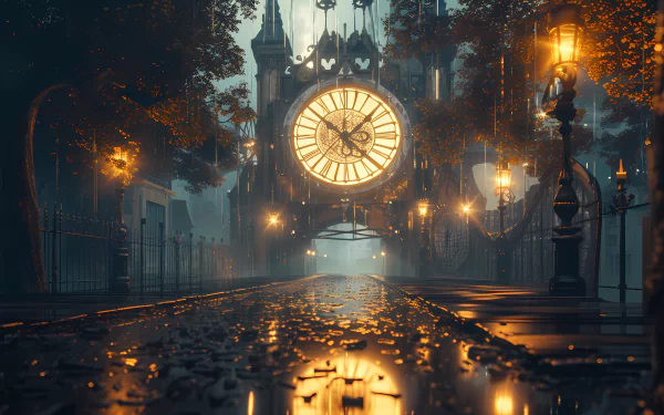HD desktop wallpaper featuring a fantastical, rain-drenched street with a grand illuminated clock, set against a mysterious, gothic backdrop.