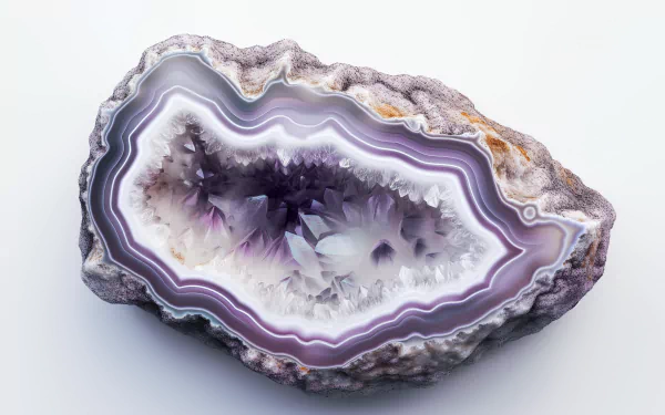 A stunning geode with intricate layers of purple and white crystals, captured in high definition, serves as an exquisite desktop wallpaper and background.