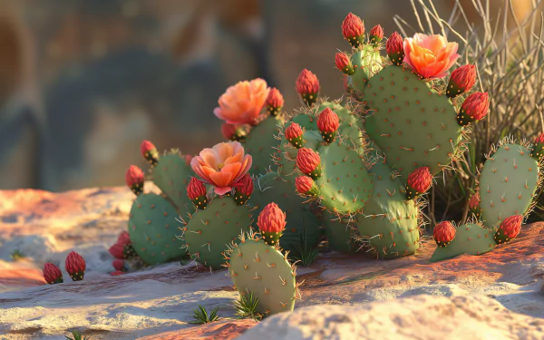 A vibrant prickly pear cactus blooms in a desert setting, showcasing stunning red buds and soft orange flowers. This high-definition image serves as a captivating desktop wallpaper.