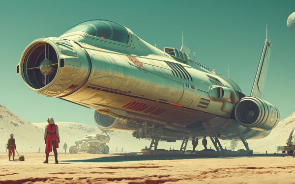 HD desktop wallpaper featuring a retro-futuristic sci-fi scene with a sleek spaceship landed on a desert-like planet and a person in a red suit observing it.
