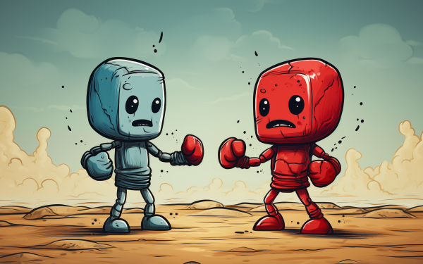 Animated HD wallpaper of two cute boxing robots with blue and red coloring facing off in a desert-like setting, ideal for a fun desktop background.