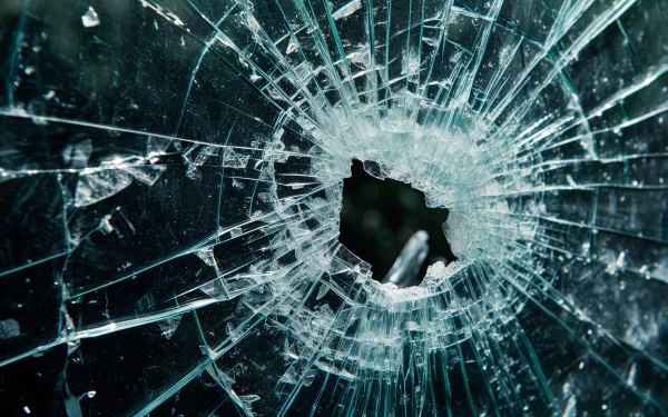 High-definition desktop wallpaper featuring broken glass with a dramatic shattered pattern and a central hole, creating a striking and textured visual effect.