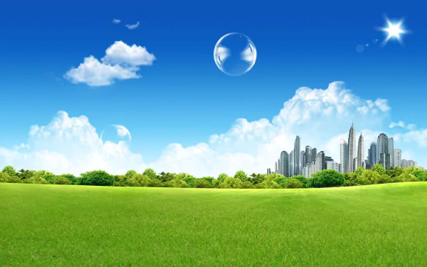 HD wallpaper of a vibrant green field with Frutiger Aero city skyline, transparent bubbles, and a bright blue sky with fluffy clouds and shining sun.