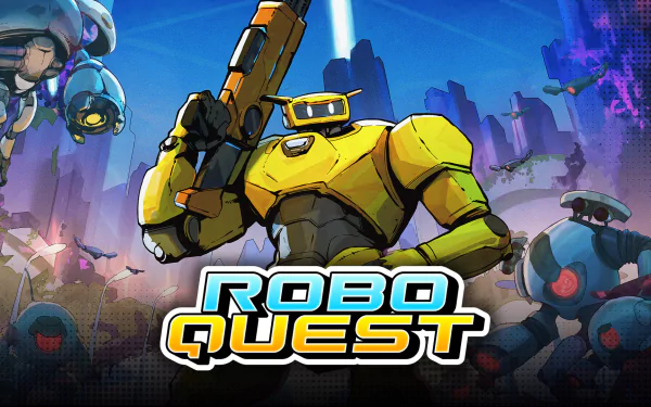 HD Roboquest video game wallpaper featuring dynamic robot characters and logo for desktop background.