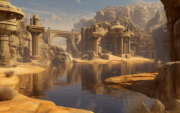 HD wallpaper featuring a serene desert oasis with ancient ruins and tranquil waters framed by rocky outcrops.