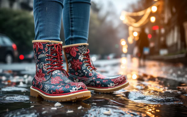 HD wallpaper of rain boots standing in a puddle on a rainy street, reflecting city lights.