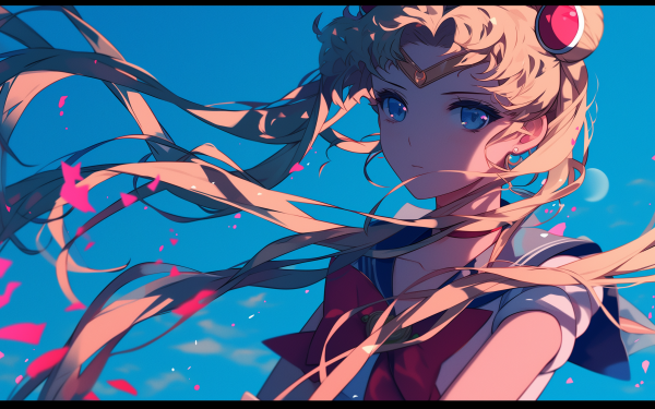 HD desktop wallpaper featuring a stylized illustration of a Sailor Moon character with flowing hair against a vibrant blue sky background, ideal for anime fans.