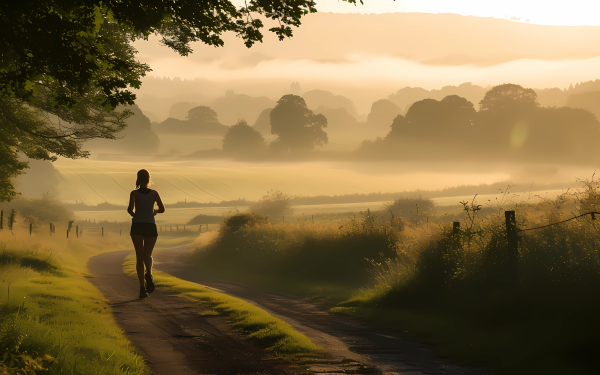 Person jogging in the countryside on a misty morning - HD nature wallpaper.