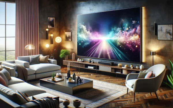 HD wallpaper of a stylish interior with a large TV displaying cosmic imagery, set in a cozy home design.