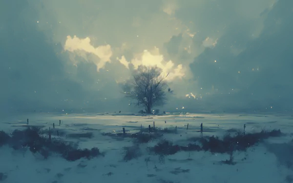 HD wallpaper of a winter landscape with a lone tree amid a snowy field and soft sunbeams piercing through the clouds.