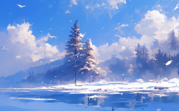 HD wallpaper of a serene, snowy landscape with a lone tree, glowing under a bright wintery sky.